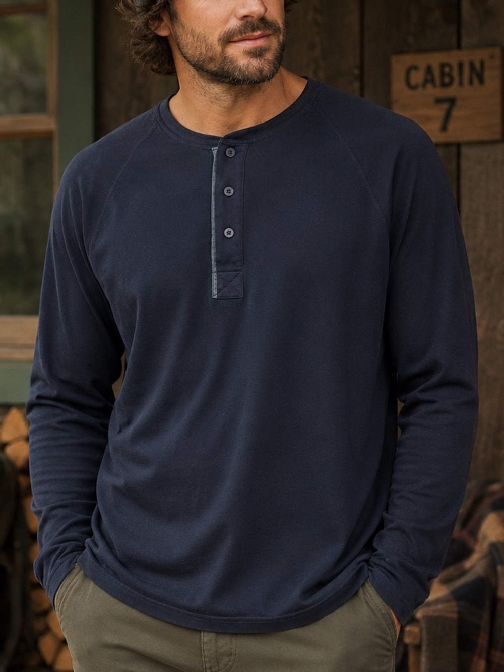 Lands End Mens Long Sleeve Henley Shirt Large Ribbed Blue Raglan Outdoor Hiking